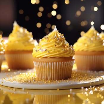 Close-up Delicious appetizing yellow cupcakes with lots of cream and sprinkles.