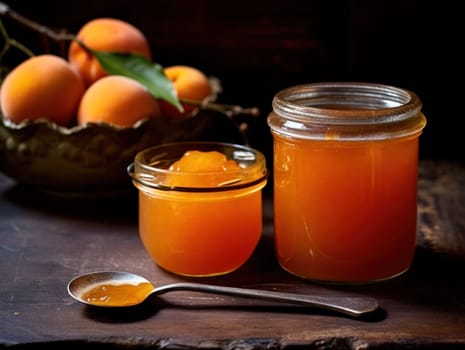 A Jar Of Apricot Jam On A Wooden Background.