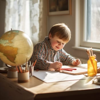 A little boy with Down syndrome draws at the table, learning a new skill. Social integration concept.