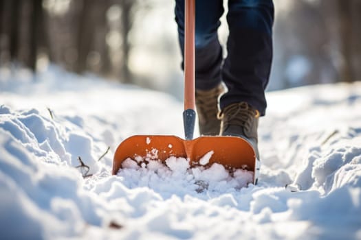 close-up of a man with a snow shovel clearing his driveway on a cold winter day.