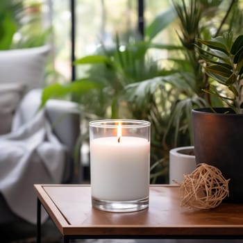 a burning candle on a table next to a flower on a blurred background of a cozy interior