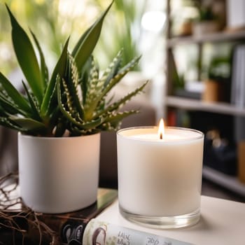 a burning candle on a table next to a flower on a blurred background of a cozy interior