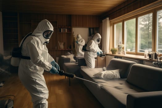 specialists in protective white sealed suits treat and disinfect surfaces in the room. concept of disinfection and virus control.