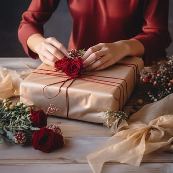 An unrecognizable woman wraps Christmas gifts in craft paper and ties them with ribbons.
