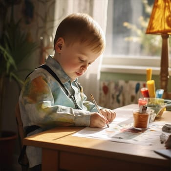 A little boy with Down syndrome draws at the table, learning a new skill. Social integration concept.