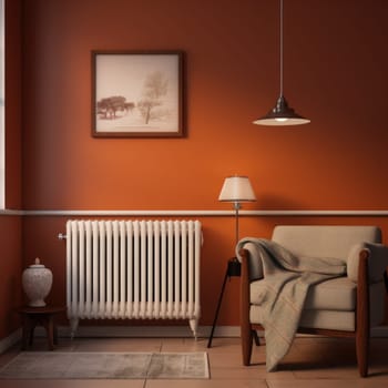 White metal heating radiator installed near the orange wall inside the room.Modern radiator in the central heating system.House heating