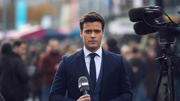 stylish male breaking news reporter in front of television camera or covering live news media and television press headlines standing in the middle of the street with microphone