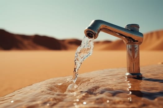 water flowing from a tap into the sand in the desert. planet concept of global warming, water shortage and drought