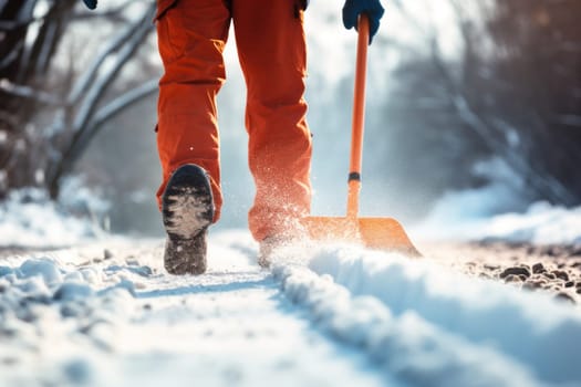 close-up of a man with a snow shovel clearing his driveway on a cold winter day.