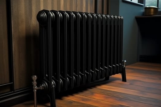 black metal heating radiator installed near the wooden wall inside the room.Modern radiator in the central heating system.House heating