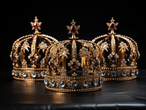 three golden royal crowns with precious stones.Crown for the king.Generative AI