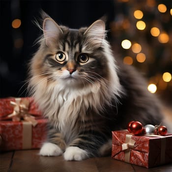 fluffy cat with Christmas gifts and Christmas tree decorations on blurred Christmas background