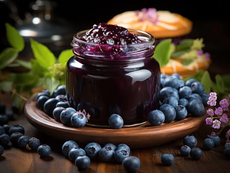 Blueberry jam and fresh blueberries on a wooden background.