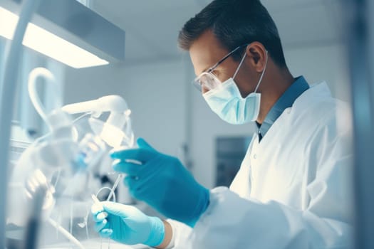 scientist in mask working in laboratory.medicine and science concept