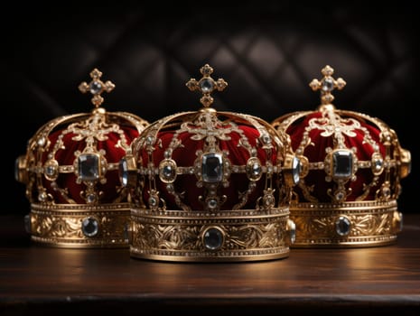 three golden royal crowns with precious stones with red velvet .Crown for the king