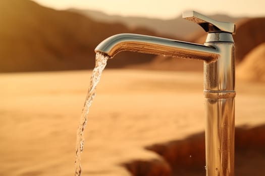 clean drinking water flows from a golden tap into the sand in the desert. planetary concept of global warming, water shortage and drought