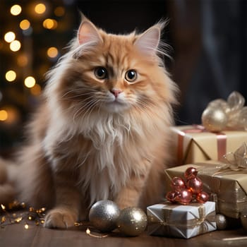 fluffy cat with Christmas gifts and Christmas tree decorations on blurred Christmas background