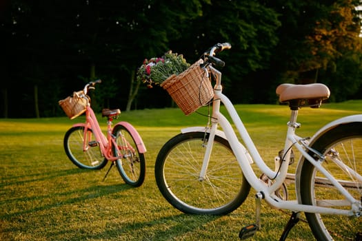 Bicycles with wildflower blossoms in wicker basket on lawn. Female florist eco-friendly transport, road trip journey and adventure outdoors concept