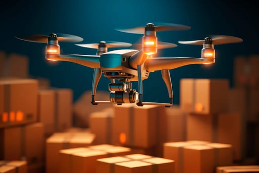 Drone flying inside the warehouse. Concept of smart factory and 5G for industrial. AI generated
