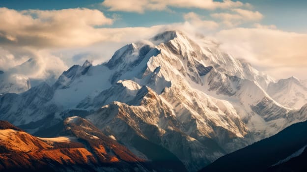 Landscape of the towering mountain surrounded by clouds, the sun shines on the front of the snow mountain. Rays of sunset on the tops of the mountain. AI generated