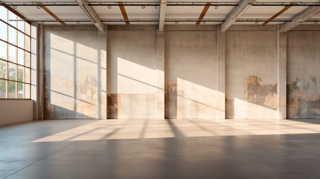 Minimalistic warehouse interior with window and blank cement wall. Industrial and exhibition concept. AI generated