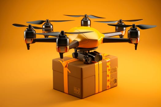 Online contactless drone delivery service. Safe fast delivery, autonomous logistics. UAV quadcopter drone delivering package box. AI generated
