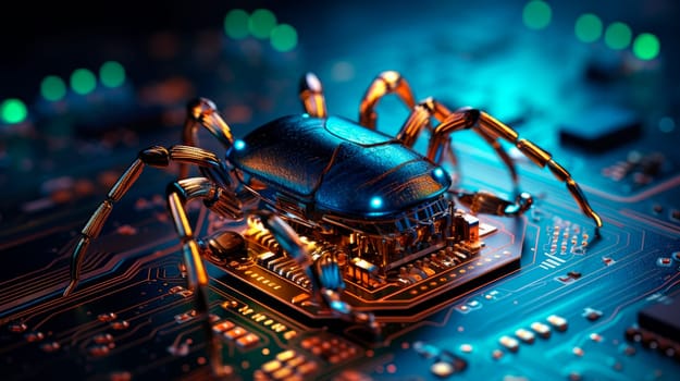 Close-up of computer circuit board with a bug crawling over it. Software security concept. Errors in the program. Bugs in the program.AI generated