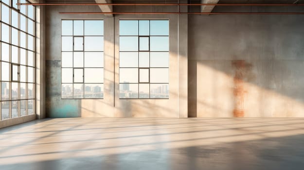 Minimalistic warehouse interior with window and blank cement wall. Industrial and exhibition concept. AI generated