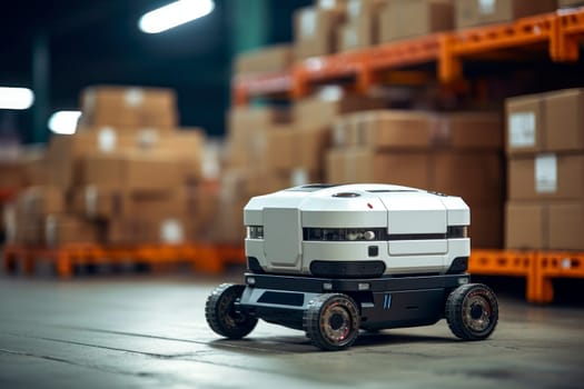 Mobile smart robot with four wheels in industrial warehouse. Robot on wheels for logistics management. AI generated