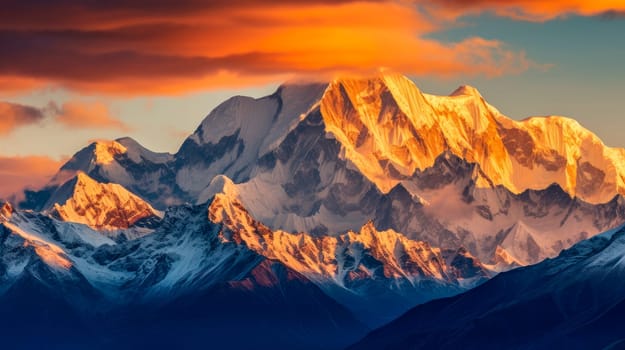 Landscape of the towering mountain surrounded by clouds, the sun shines on the front of the snow mountain. Rays of sunset on the tops of the mountain. AI generated