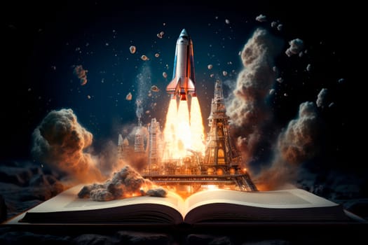 Open book and flying rocket. Elearning idea book and rocket concept of education and search for knowledge. AI generated
