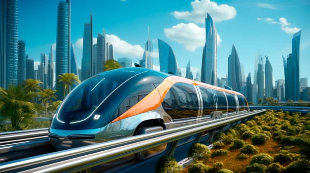 Futuristic modern train moving fast and quiet in city town. Concept of magnetic levitation train moving across the city. Modern city transport.AI generated