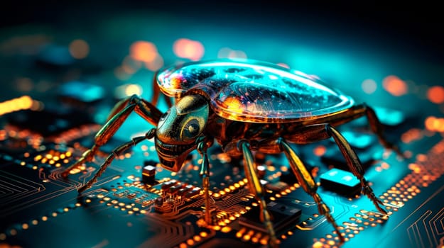 Close-up of computer circuit board with a bug crawling over it. Software security concept. Errors in the program. Bugs in the program.AI generated