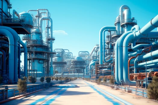 Industrial zone. The equipment of oil refining. Concept supplying propane to factory. Supply of production with energy resources. AI generated