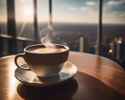 delicious fresh coffee in the morning on a wooden table with coffee beans generative ai