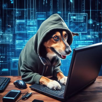 hacker dog in a hoodie will try to break through your computers cybersecurity generative ai