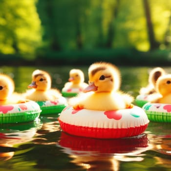 cute ducklings swimming in the pond with a floaty ring generative ai