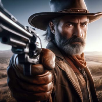 a hard rugged and grizzled texas ranger or cowboy aims his gun at an outlaw in the desert