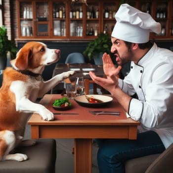 dog customer refusing food in reaturant and discussing with chef generative ai