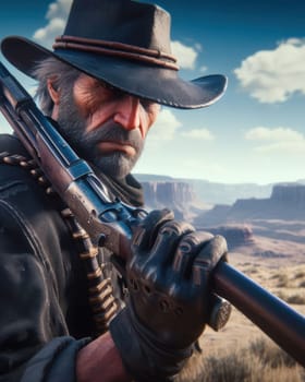 a hard rugged and grizzled texas ranger or cowboy aims his gun at an outlaw in the desert