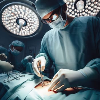 doctor in scrubs and mask performing an operation in the theatre generative ai