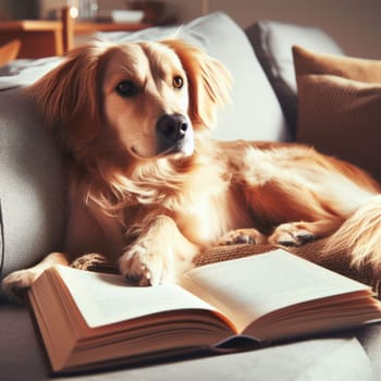 dog is relaxed and laying on sofa reading a book generative ai
