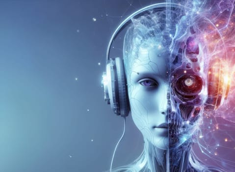artistic digital illustration of a high tech futuristic ethereal nueral network robotic orgasm with headphones generative ai
