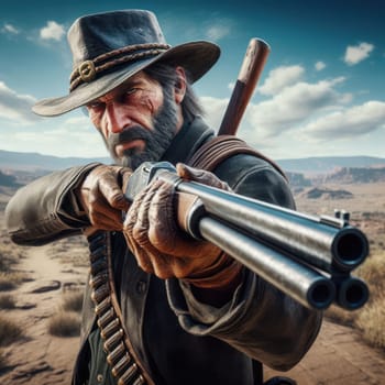 a hard rugged and grizzled texas ranger or cowboy aims his gun at an outlaw in the desert