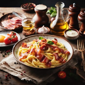 delicious italian fettuccine carbonara on a rustic table generative ai
