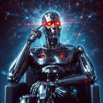 evil AI humanoid robot thinking and plotting to take over the world generative ai