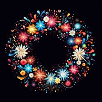 illustration of bright and colorful fireworks making a border or frame with copy space on black generative ai