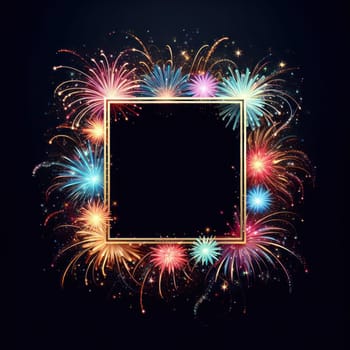 illustration of bright and colorful fireworks making a border or frame with copy space on black generative ai