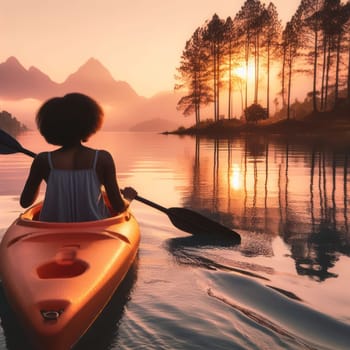 woman kayaking or canoeing on a flat water lake at sunrise generative ai photo