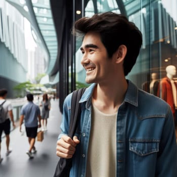 a happy smiling asian man shopping in an outside mall generative ai